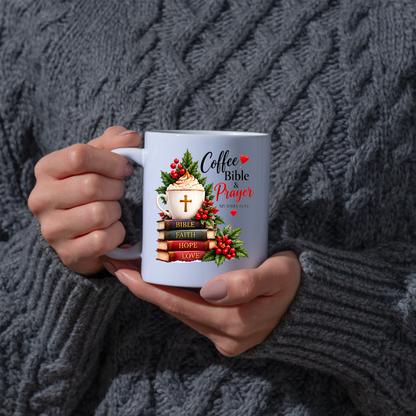 Religious Christmas Mug "Coffee Bible & Prayer" Coffee Bible & Prayer 325ml Ceramic Coffee Mug – Christian Holiday Mug with Stacked Books, Cross Cup & Holly Berries | Religious Gift | Fast Dispatch by UK Seller (M3358)