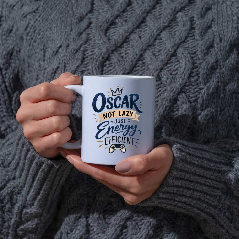 Personalized Name Mug "Oscar Not Lazy Just Energy Efficient" Oscar Not Lazy Just Energy Efficient 325ml Ceramic Coffee Mug – Custom Name Typography Slogan with Gold Crown & Video Game Controller Graphic | Funny Gift | Fast Dispatch by UK Seller (M3423)