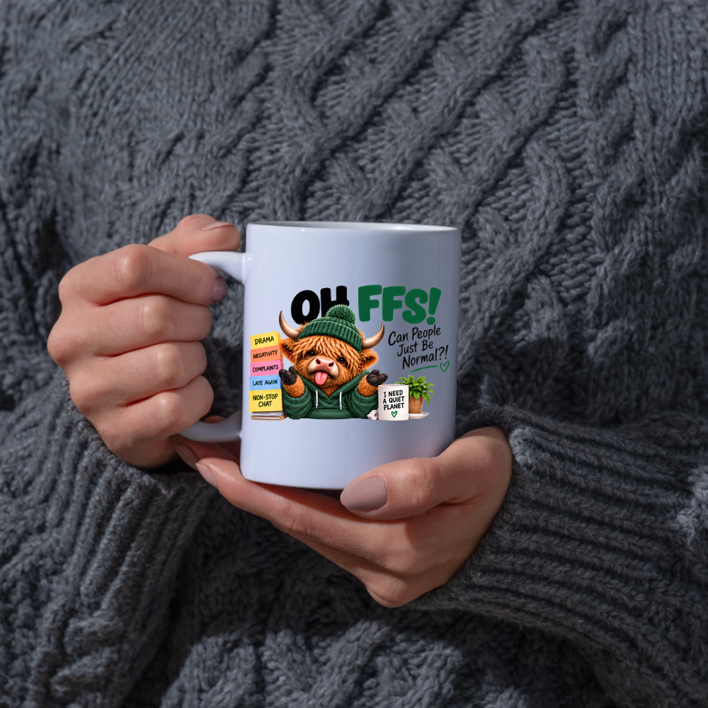 Highland Cow Normal Planet Mug "OH FFS! Can People Just Be Normal?!" Oh Ffs! Can People Just Be Normal?! 325ml Ceramic Mug–Cute Highland Cow in Hoodie & Beanie with Sticky Notes & "Quiet Planet" Mug | Funny Office Gift | Fast Dispatch by UK Seller (M3384)
