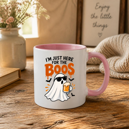 Halloween Mug "I'M JUST HERE For The Boos" Cool Ghost 325ml Ceramic Coffee Mug – Funny Drinking Ghost Tea Cup with Sunglasses & Beer Glass Graphic Gift | Available in Multicolours | Fast Dispatch by UK Seller (M3074)