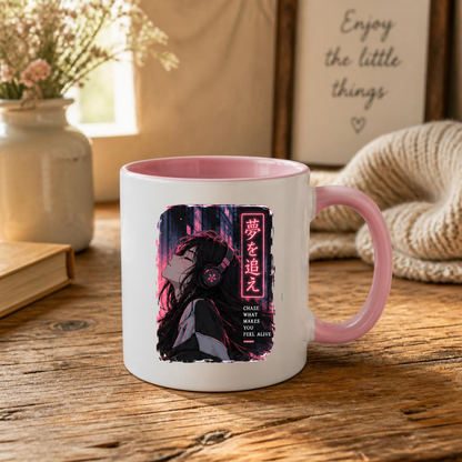 Inspirational Anime Girl Mug "CHASE WHAT Makes You Feel Alive" Cyberpunk Headphones 325ml Ceramic Coffee Mug – Aesthetic Mindful Tea Cup With Japanese Neon Kanji Graphic Gift | Available in Multicolours | Fast Dispatch by UK Seller (M3050)