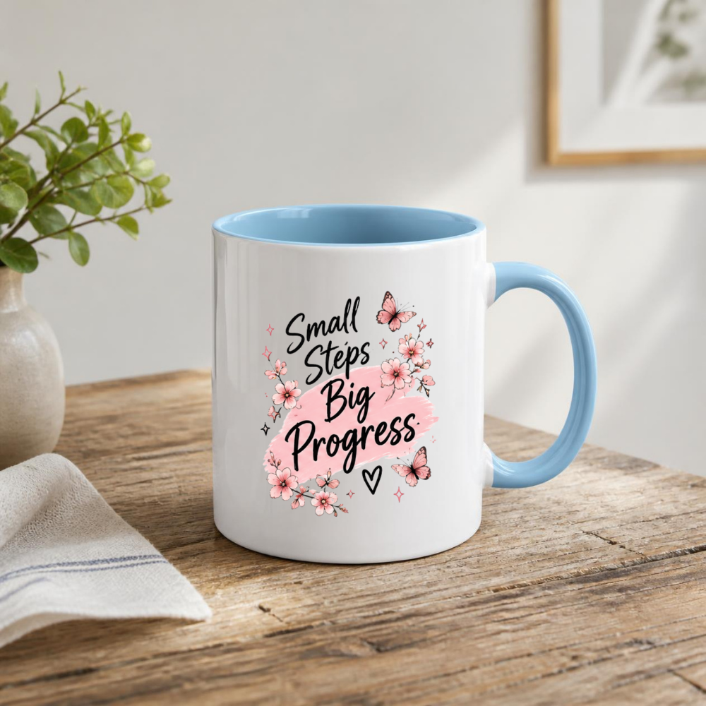 Inspirational Quote Mug "Small Steps Big Progress" Pink Floral Butterfly 325ml Ceramic Coffee Mug Motivational Tea Cup with Cherry Blossoms & Butterflies Graphic Gift | Available in Multicolours | Fast Dispatch by UK Seller (M3030)