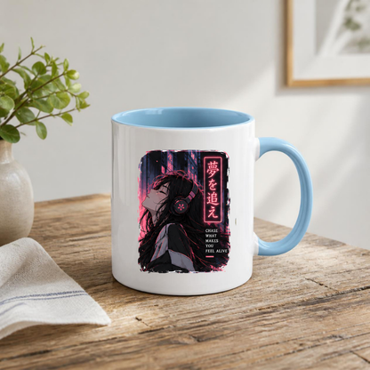 Inspirational Anime Girl Mug "CHASE WHAT Makes You Feel Alive" Cyberpunk Headphones 325ml Ceramic Coffee Mug – Aesthetic Mindful Tea Cup With Japanese Neon Kanji Graphic Gift | Available in Multicolours | Fast Dispatch by UK Seller (M3050)