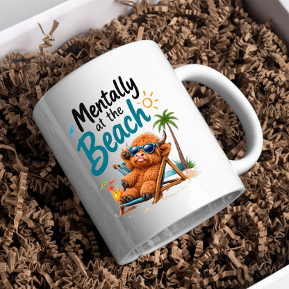 Humorous Mug "Mentally at the Beach" Highland Cow 325ml Ceramic Coffee Mug Funny Summer Holiday Tea Cup with Sunglasses, Deck Chair & Palm Tree Gift | Available in Multicolours | Fast Dispatch by UK Seller (M1288)