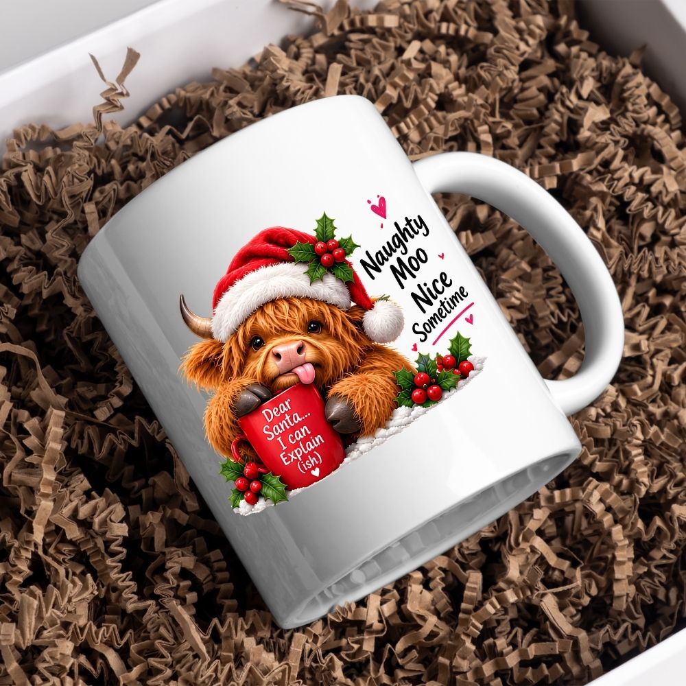 Festive Mug "Naughty Moo Nice Sometimes" Highland Cow 325ml Ceramic Coffee Mug Christmas Holiday Tea Cup with Santa Hat, Holly & Dear Santa Mug Gift | Available in Multicolours | Fast Dispatch by UK Seller (M1282)