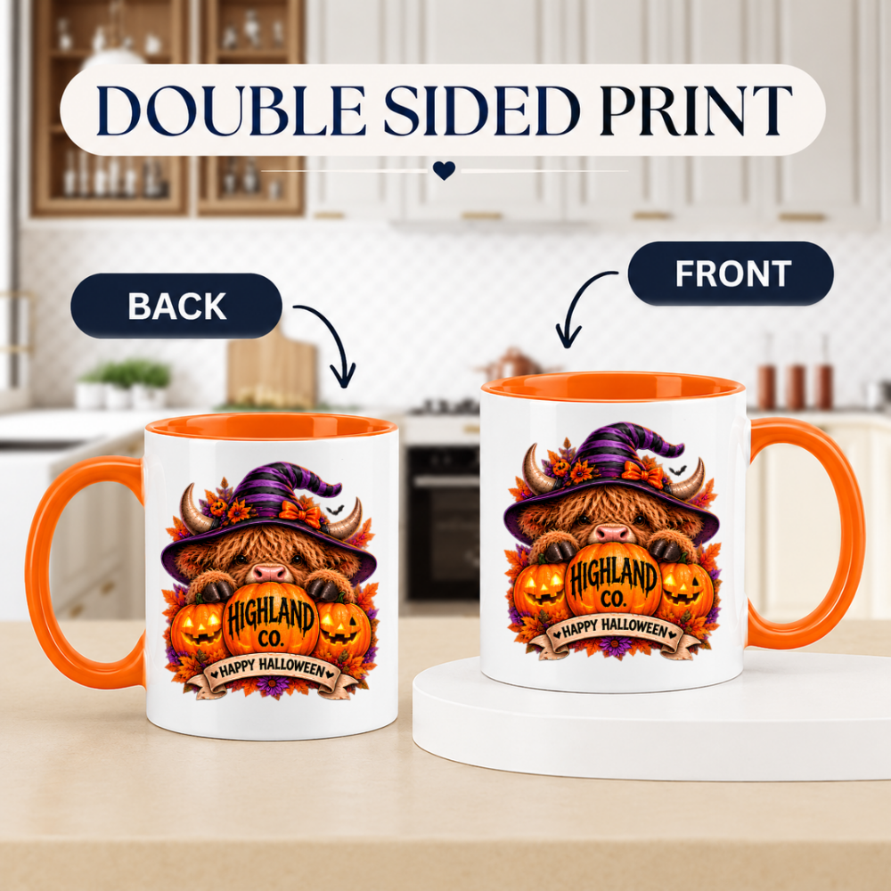 Halloween Mug "Highland Cow Witch Happy Halloween" Highland Cow Witch Happy Halloween 325ml Ceramic Coffee Mug–Cute Halloween Autumn Tea Cup With Highland Cow Striped Witch Hat Graphic Gift | Available in Multicolours | Fast Dispatch by UK Seller (M3214)