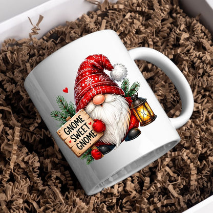 Festive Mug "Gnome Sweet Gnome" Christmas Gnome 325ml Ceramic Coffee Mug Winter Holiday Tea Cup with Lantern, Sign & Red Snowflake Hat | Available in Multicolours | Fast Dispatch by UK Seller (M1275)