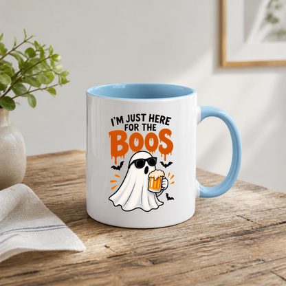 Halloween Mug "I'M JUST HERE For The Boos" Cool Ghost 325ml Ceramic Coffee Mug – Funny Drinking Ghost Tea Cup with Sunglasses & Beer Glass Graphic Gift | Available in Multicolours | Fast Dispatch by UK Seller (M3074)