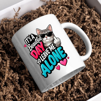 Sarcastic Mug "It's A Beautiful Day To Leave Me Alone" Funny Cat 325ml Ceramic Coffee Mug Sassy Kitten Tea Cup with Sunglasses & Middle Finger Gesture Gift | Available in Multicolours | Fast Dispatch by UK Seller (M1302)