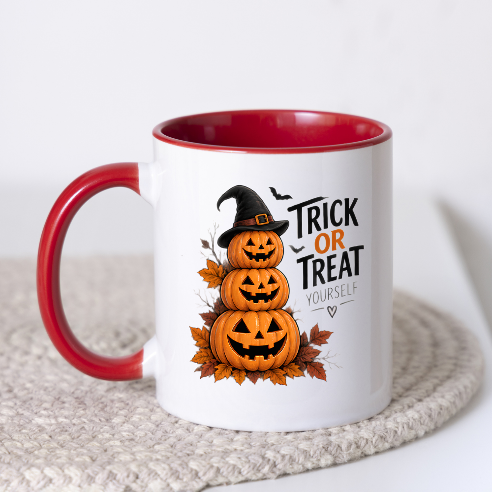 Halloween Mug "TRICK OR TREAT YOURSELF" Pumpkin Tower 325ml Ceramic Coffee Mug Stacked Jack-o'-Lanterns Tea Cup with Witch Hat & Autumn Leaves Graphic Gift | Available in Multicolours | Fast Dispatch by UK Seller (M3082)