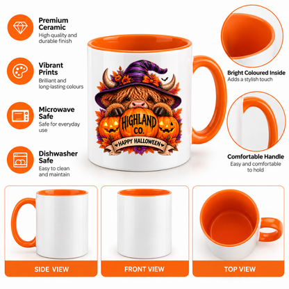 Halloween Mug "Highland Cow Witch Happy Halloween" Highland Cow Witch Happy Halloween 325ml Ceramic Coffee Mug–Cute Halloween Autumn Tea Cup With Highland Cow Striped Witch Hat Graphic Gift | Available in Multicolours | Fast Dispatch by UK Seller (M3214)