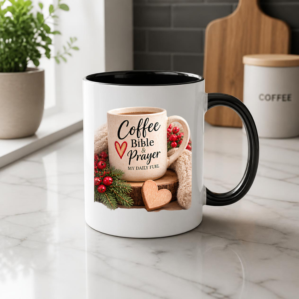 Christian Mug "Coffee Bible & Prayer My Daily Fuel" 325ml Ceramic Coffee Mug – Christian Devotional Mug With Wooden Heart Winter Pine Red Berries Inspirational Gift | Available in Multicolours | Fast Dispatch by UK Seller (M3304)