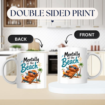 Humorous Mug "Mentally at the Beach" Highland Cow 325ml Ceramic Coffee Mug Funny Summer Holiday Tea Cup with Sunglasses, Deck Chair & Palm Tree Gift | Available in Multicolours | Fast Dispatch by UK Seller (M1288)