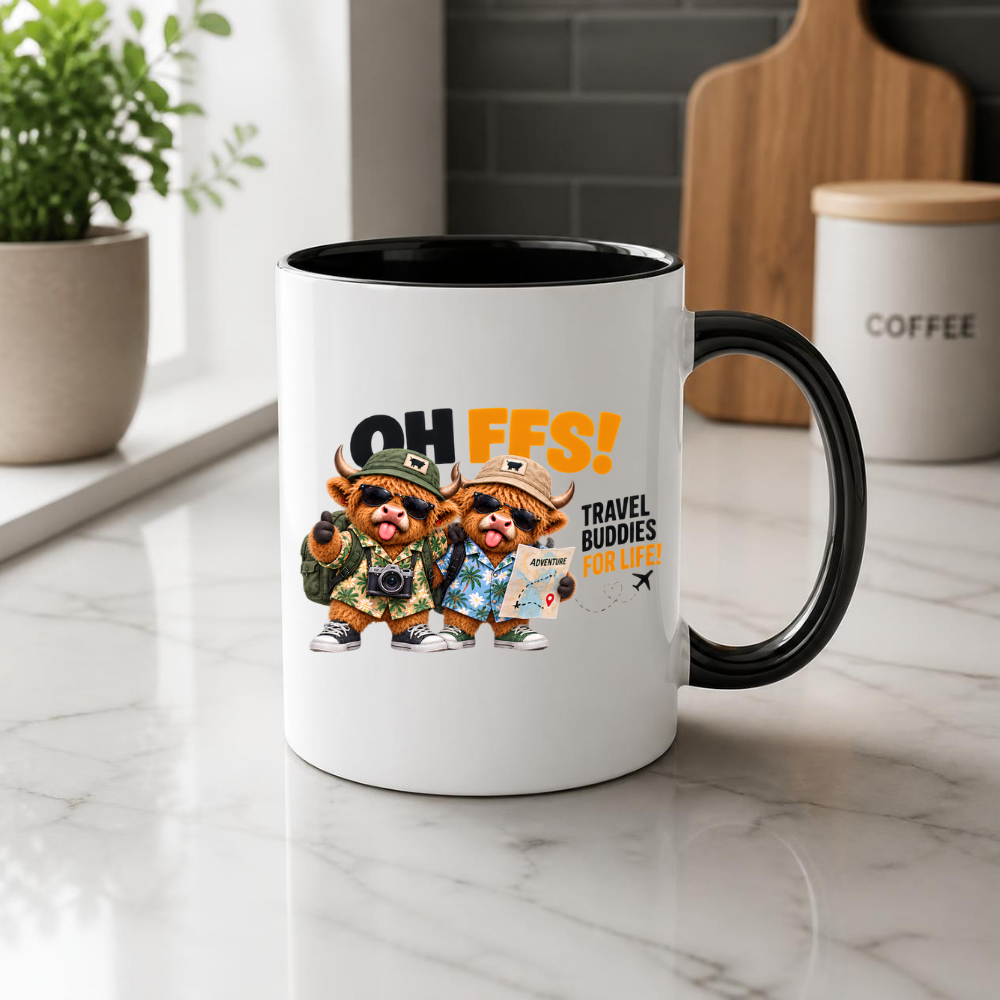 Travel Buddies Highland Cows Mug "Oh Ffs! Travel Buddies For Life!" Oh Ffs! Travel Buddies For Life! 325ml Ceramic Coffee Mug – Cute Highland Cows with Shirts, Backpacks, Camera & Adventure Map | Funny Travel Gift | Fast Dispatch by UK Seller (M3374)