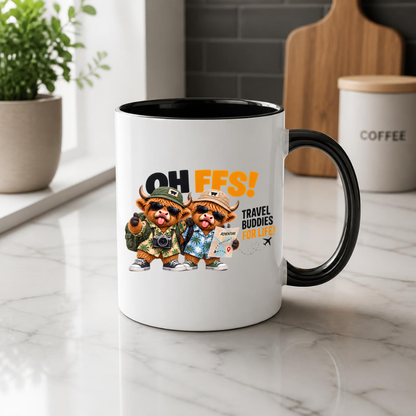 Travel Buddies Highland Cows Mug "Oh Ffs! Travel Buddies For Life!" Oh Ffs! Travel Buddies For Life! 325ml Ceramic Coffee Mug – Cute Highland Cows with Shirts, Backpacks, Camera & Adventure Map | Funny Travel Gift | Fast Dispatch by UK Seller (M3374)