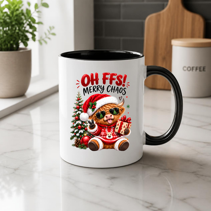 Christmas Highland Cow Mug "Oh FFS! Merry Chaos" Oh FFS! Merry Chaos 325ml Ceramic Coffee Mug – Cute Highland Cow with Santa Hat, Sunglasses, Christmas Sweater & Gift Box | Funny Holiday Gift | Fast Dispatch by UK Seller (M3366)