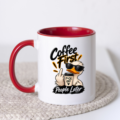 Sarcastic Mug "COFFEE FIRST PEOPLE LATER" Cool Duck 325ml Ceramic Coffee Mug Novelty Duck Tea Cup with Sunglasses, Middle Finger & "F*CK OFF" Cup Graphic Gift | Available in Multicolours | Fast Dispatch by UK Seller (M3090)