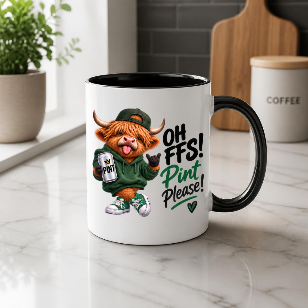 Highland Cow Pint Lover Mug "Oh FFS! Pint Please!" Oh FFS! Pint Please! 325ml Ceramic Coffee Mug – Cute Highland Cow in Green Hoodie & Cap Holding Pint Can with Rock On Sign | Funny Gift | Fast Dispatch by UK Seller (M3392)
