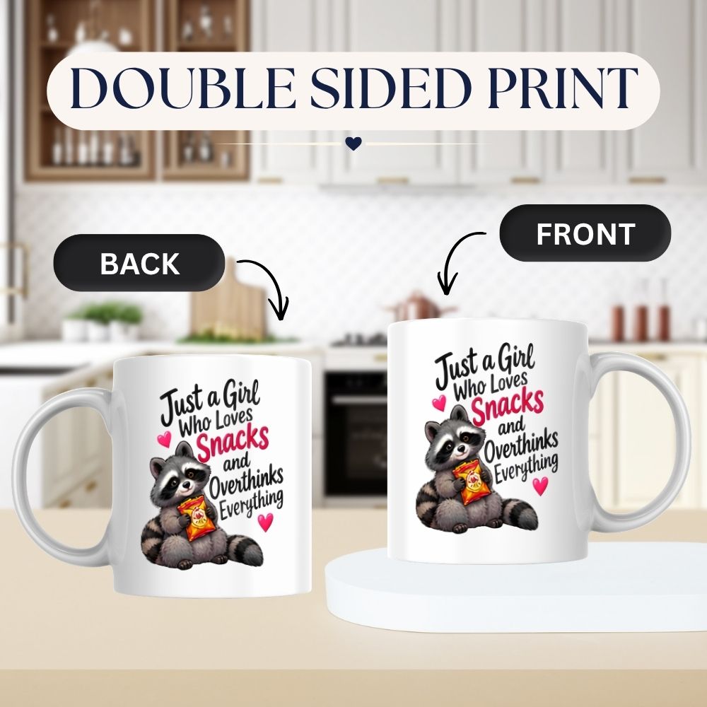 Humorous Mug "Just A Girl Who Loves Snacks And Overthinks Everything" Cute Raccoon 325ml Ceramic Coffee Mug Funny Overthinker Tea Cup with Crisps Bag & Pink Hearts Graphic Gift | Available in Multicolours | Fast Dispatch by UK Seller (M1317)