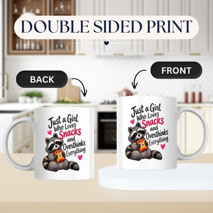 Humorous Mug "Just A Girl Who Loves Snacks And Overthinks Everything" Cute Raccoon 325ml Ceramic Coffee Mug Funny Overthinker Tea Cup with Crisps Bag & Pink Hearts Graphic Gift | Available in Multicolours | Fast Dispatch by UK Seller (M1317)
