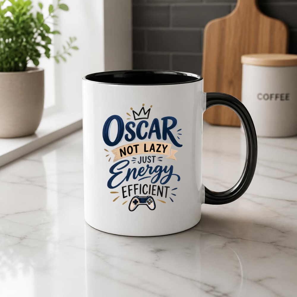 Personalized Name Mug "Oscar Not Lazy Just Energy Efficient" Oscar Not Lazy Just Energy Efficient 325ml Ceramic Coffee Mug – Custom Name Typography Slogan with Gold Crown & Video Game Controller Graphic | Funny Gift | Fast Dispatch by UK Seller (M3423)