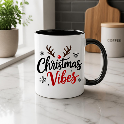 Christmas Reindeer Mug "Christmas Vibes" Christmas Vibes 325ml Ceramic Coffee Mug – Festive Typography Slogan with Brown Reindeer Antlers, Red Nose & Black Snowflakes | Winter Holiday Gift | Fast Dispatch by UK Seller (M3435)