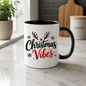 Christmas Reindeer Mug "Christmas Vibes" Christmas Vibes 325ml Ceramic Coffee Mug – Festive Typography Slogan with Brown Reindeer Antlers, Red Nose & Black Snowflakes | Winter Holiday Gift | Fast Dispatch by UK Seller (M3435)