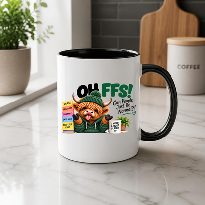 Highland Cow Normal Planet Mug "OH FFS! Can People Just Be Normal?!" Oh Ffs! Can People Just Be Normal?! 325ml Ceramic Mug–Cute Highland Cow in Hoodie & Beanie with Sticky Notes & "Quiet Planet" Mug | Funny Office Gift | Fast Dispatch by UK Seller (M3384)