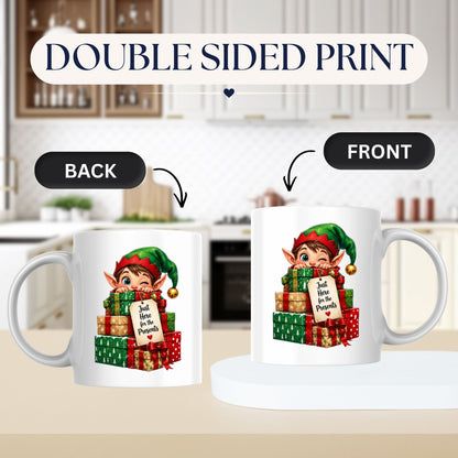 Playful Mug "Just Here for the Presents" Christmas Elf 325ml Ceramic Coffee Mug Cute Holiday Tea Cup with Jingle Bell Hat & Gift Box Tag Gift | Available in Multicolours | Fast Dispatch by UK Seller (M1244)