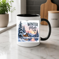 Winter Cabin Mug "Winter Mode On" Winter Mode On 325ml Ceramic Coffee Mug – Cozy Snowy Log Cabin with Winter Landscape, Sunset & River | Festive Holiday Gift | Fast Dispatch by UK Seller (M3402)