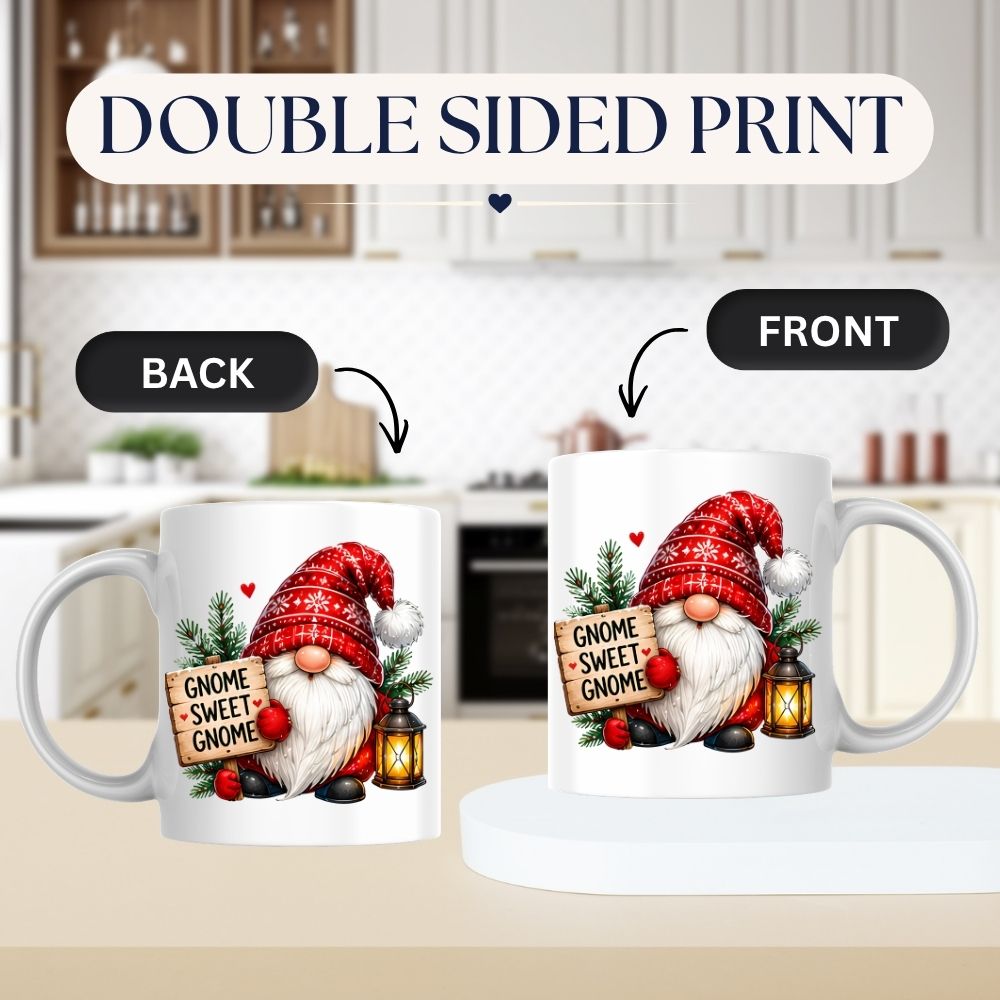Festive Mug "Gnome Sweet Gnome" Christmas Gnome 325ml Ceramic Coffee Mug Winter Holiday Tea Cup with Lantern, Sign & Red Snowflake Hat | Available in Multicolours | Fast Dispatch by UK Seller (M1275)