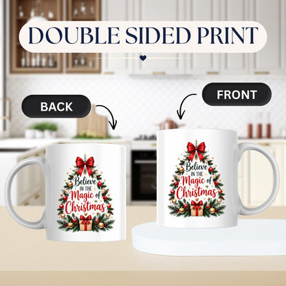 Enchanting Mug "Believe in the Magic of Christmas" Christmas Tree 325ml Ceramic Coffee Mug Festive Winter Holiday Tea Cup with Red Bow, Ornaments & Gift Box | Available in Multicolours | Fast Dispatch by UK Seller (M1265)