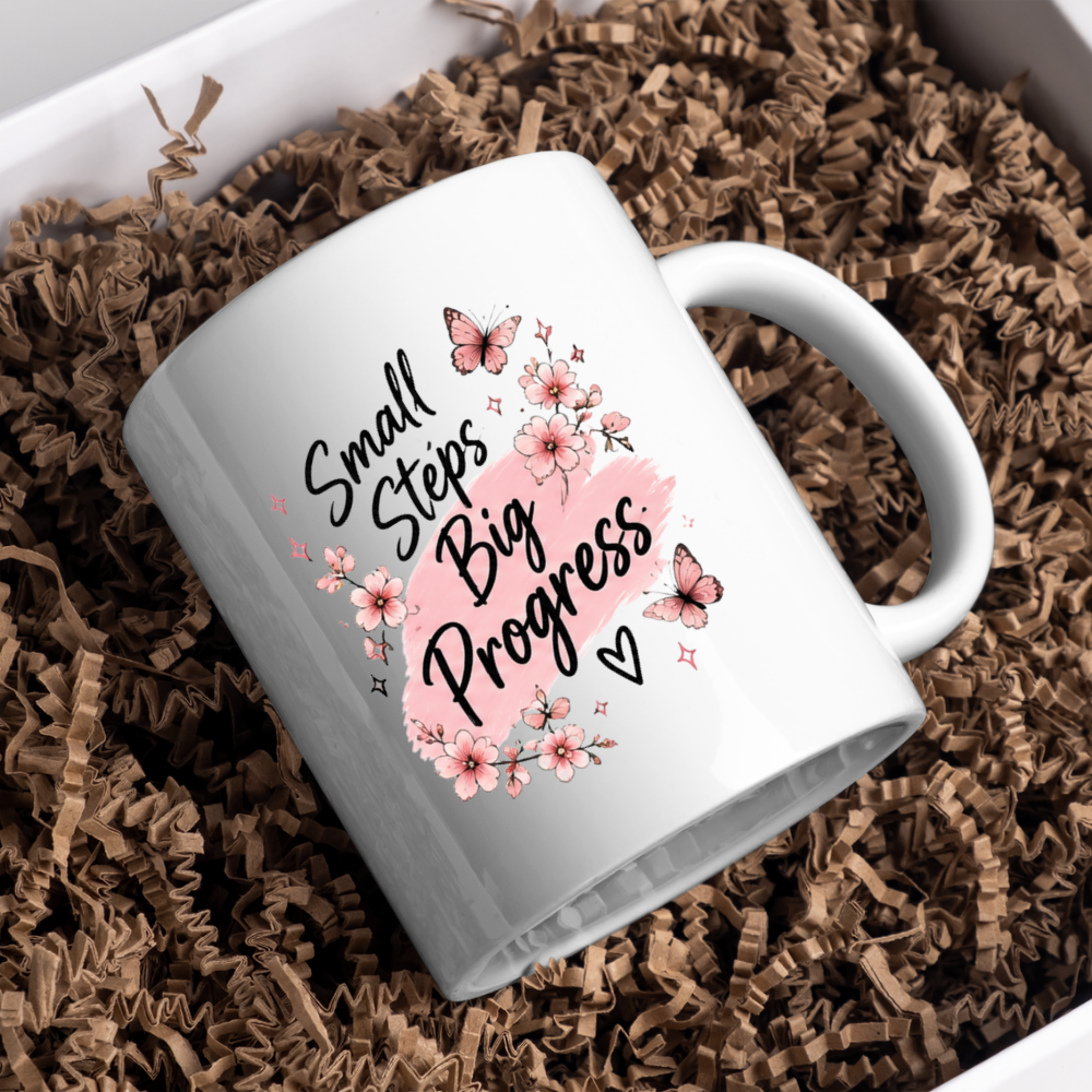 Inspirational Quote Mug "Small Steps Big Progress" Pink Floral Butterfly 325ml Ceramic Coffee Mug Motivational Tea Cup with Cherry Blossoms & Butterflies Graphic Gift | Available in Multicolours | Fast Dispatch by UK Seller (M3030)