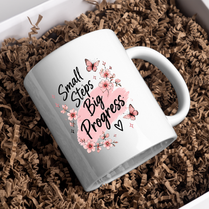Inspirational Quote Mug "Small Steps Big Progress" Pink Floral Butterfly 325ml Ceramic Coffee Mug Motivational Tea Cup with Cherry Blossoms & Butterflies Graphic Gift | Available in Multicolours | Fast Dispatch by UK Seller (M3030)