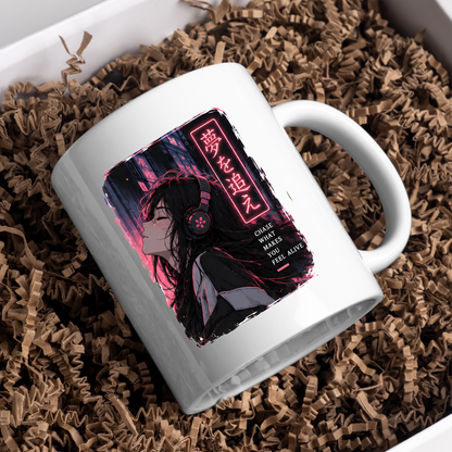 Inspirational Anime Girl Mug "CHASE WHAT Makes You Feel Alive" Cyberpunk Headphones 325ml Ceramic Coffee Mug – Aesthetic Mindful Tea Cup With Japanese Neon Kanji Graphic Gift | Available in Multicolours | Fast Dispatch by UK Seller (M3050)