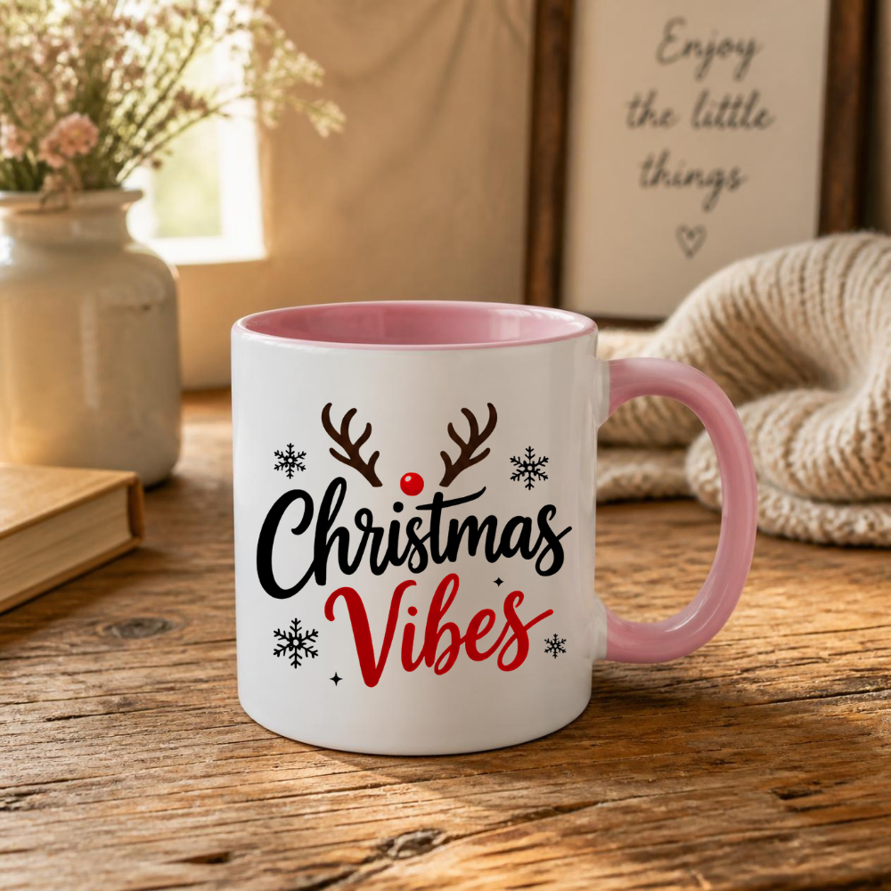 Christmas Reindeer Mug "Christmas Vibes" Christmas Vibes 325ml Ceramic Coffee Mug – Festive Typography Slogan with Brown Reindeer Antlers, Red Nose & Black Snowflakes | Winter Holiday Gift | Fast Dispatch by UK Seller (M3435)