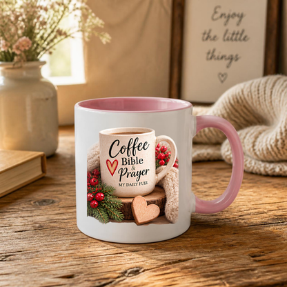 Christian Mug "Coffee Bible & Prayer My Daily Fuel" 325ml Ceramic Coffee Mug – Christian Devotional Mug With Wooden Heart Winter Pine Red Berries Inspirational Gift | Available in Multicolours | Fast Dispatch by UK Seller (M3304)