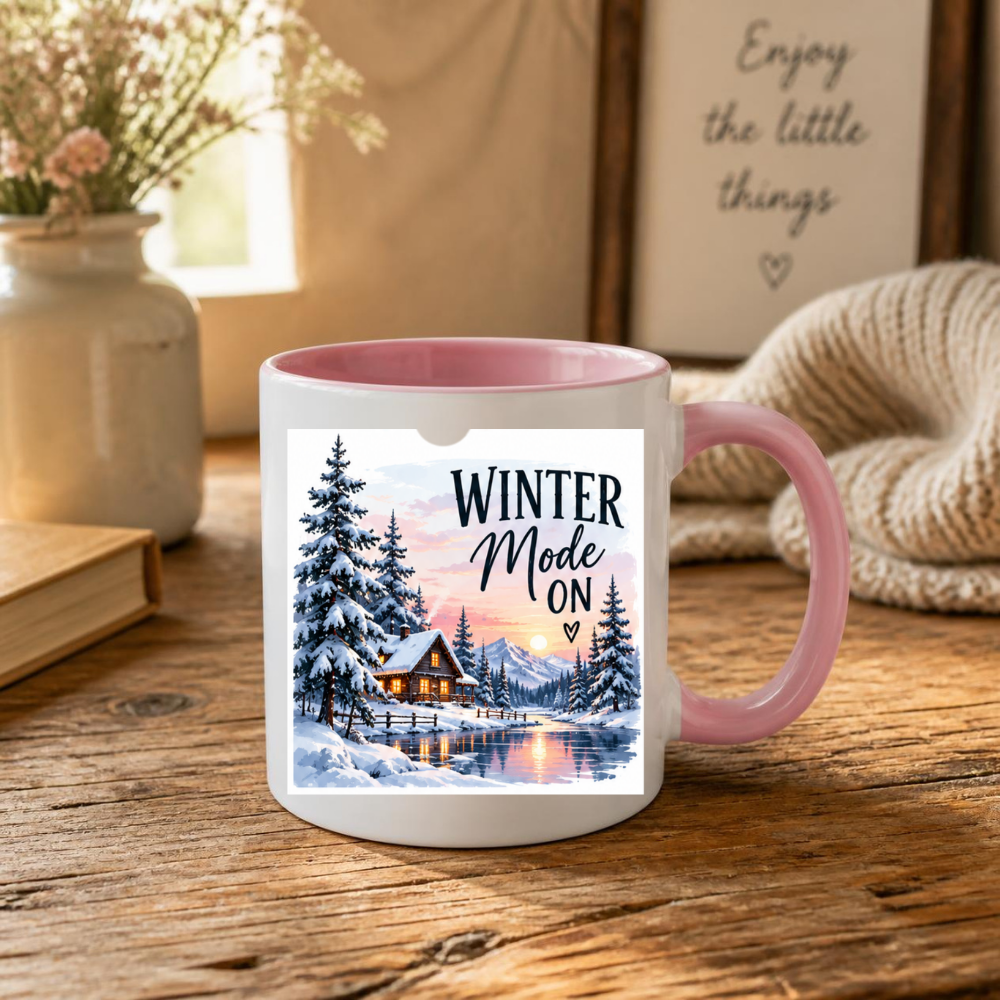 Winter Cabin Mug "Winter Mode On" Winter Mode On 325ml Ceramic Coffee Mug – Cozy Snowy Log Cabin with Winter Landscape, Sunset & River | Festive Holiday Gift | Fast Dispatch by UK Seller (M3402)