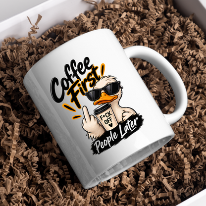 Sarcastic Mug "COFFEE FIRST PEOPLE LATER" Cool Duck 325ml Ceramic Coffee Mug Novelty Duck Tea Cup with Sunglasses, Middle Finger & "F*CK OFF" Cup Graphic Gift | Available in Multicolours | Fast Dispatch by UK Seller (M3090)