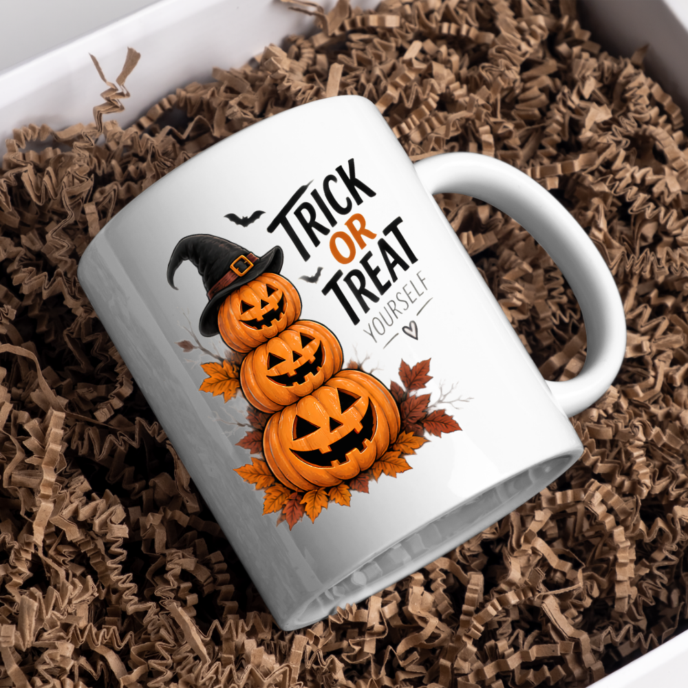 Halloween Mug "TRICK OR TREAT YOURSELF" Pumpkin Tower 325ml Ceramic Coffee Mug Stacked Jack-o'-Lanterns Tea Cup with Witch Hat & Autumn Leaves Graphic Gift | Available in Multicolours | Fast Dispatch by UK Seller (M3082)
