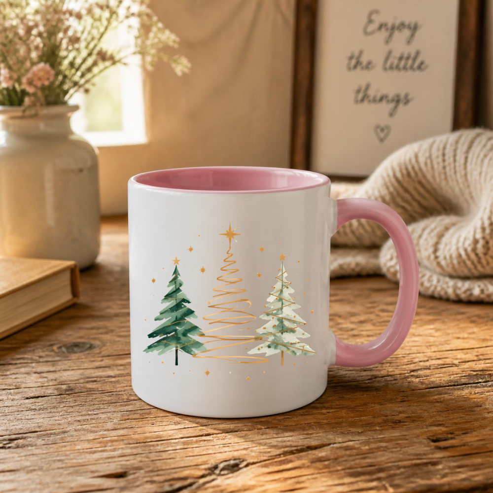 Watercolor Christmas Trees Mug "Minimalist Golden & Green Christmas Trees" Minimalist Golden & Green Christmas Trees 325ml Ceramic Coffee Mug–Watercolor Pine Trees with Gold Swirls & Star Toppers | Festive Holiday Gift | Fast Dispatch by UK Seller (M3413)