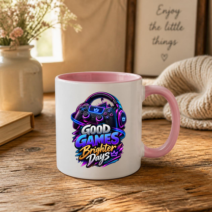 Gaming Mug "Good Games Brighter Days" Good Games Brighter Days 325ml Ceramic Coffee Mug – Neon Headset & Controller Mug with Blue, Purple & Gold Slogan Art | Video Game Gift | Fast Dispatch by UK Seller (M3350)