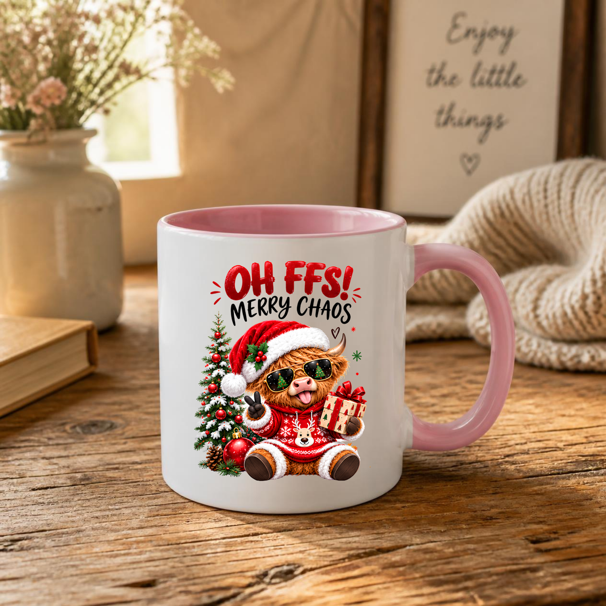 Christmas Highland Cow Mug "Oh FFS! Merry Chaos" Oh FFS! Merry Chaos 325ml Ceramic Coffee Mug – Cute Highland Cow with Santa Hat, Sunglasses, Christmas Sweater & Gift Box | Funny Holiday Gift | Fast Dispatch by UK Seller (M3366)