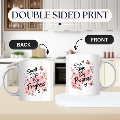 Inspirational Quote Mug "Small Steps Big Progress" Pink Floral Butterfly 325ml Ceramic Coffee Mug Motivational Tea Cup with Cherry Blossoms & Butterflies Graphic Gift | Available in Multicolours | Fast Dispatch by UK Seller (M3030)