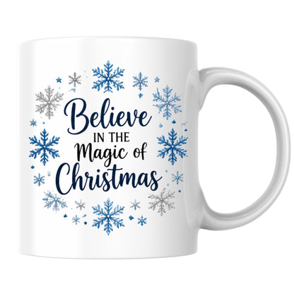 Magical Mug "Believe in the Magic of Christmas" Snowflake Wreath 325ml Ceramic Coffee Mug Festive Winter Holiday Tea Cup with Blue & Silver Snowflakes Gift | Available in Multicolours | Fast Dispatch by UK Seller (M1251)
