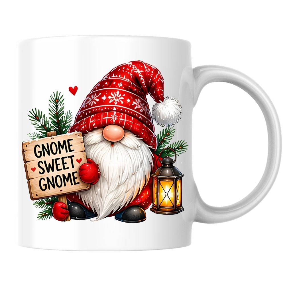 Festive Mug "Gnome Sweet Gnome" Christmas Gnome 325ml Ceramic Coffee Mug Winter Holiday Tea Cup with Lantern, Sign & Red Snowflake Hat | Available in Multicolours | Fast Dispatch by UK Seller (M1275)