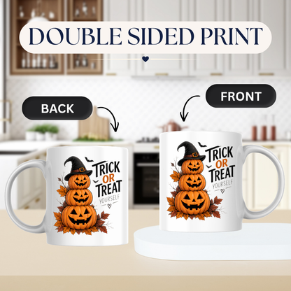Halloween Mug "TRICK OR TREAT YOURSELF" Pumpkin Tower 325ml Ceramic Coffee Mug Stacked Jack-o'-Lanterns Tea Cup with Witch Hat & Autumn Leaves Graphic Gift | Available in Multicolours | Fast Dispatch by UK Seller (M3082)