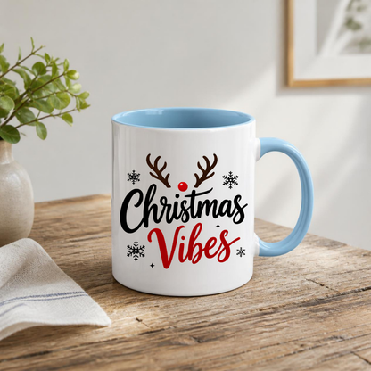 Christmas Reindeer Mug "Christmas Vibes" Christmas Vibes 325ml Ceramic Coffee Mug – Festive Typography Slogan with Brown Reindeer Antlers, Red Nose & Black Snowflakes | Winter Holiday Gift | Fast Dispatch by UK Seller (M3435)