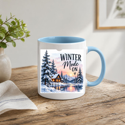 Winter Cabin Mug "Winter Mode On" Winter Mode On 325ml Ceramic Coffee Mug – Cozy Snowy Log Cabin with Winter Landscape, Sunset & River | Festive Holiday Gift | Fast Dispatch by UK Seller (M3402)