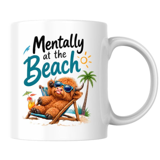 Humorous Mug "Mentally at the Beach" Highland Cow 325ml Ceramic Coffee Mug Funny Summer Holiday Tea Cup with Sunglasses, Deck Chair & Palm Tree Gift | Available in Multicolours | Fast Dispatch by UK Seller (M1288)